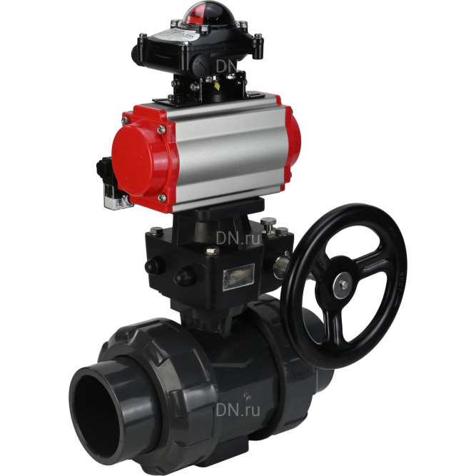Кран шаровой BV4242E-FP-GRM-ISO Дн65 Ру10 полнопроходной, корпус - НПВХ, шар - НПВХ, уплотнение - EPDM, с пневмоприводом PA-DA-065, пневмораспределителем 4M310-08 AC220V, ручным дублером MON1-250-T26-ISO и БКВ APL-210N в Алматы