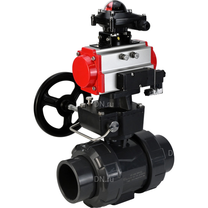 Кран шаровой BV4242E-FP-GRM-ISO Дн65 Ру10 полнопроходной, корпус - НПВХ, шар - НПВХ, уплотнение - EPDM, с пневмоприводом PA-DA-065, пневмораспределителем 4M310-08 AC220V, ручным дублером MON1-250-T26-ISO и БКВ APL-210N в Алматы