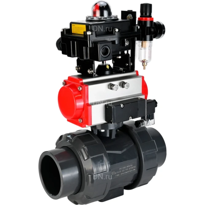 Кран шаровой BV4242E-FP-GRM-ISO Дн15 Ру10 полнопроходной, корпус - НПВХ, шар - НПВХ, уплотнение - EPDM, с пневмоприводом PA-SA-052, пневмораспределителем 4M310-08 DC24V, БКВ APL-410N EX и БПВ AFC2000 в Алматы