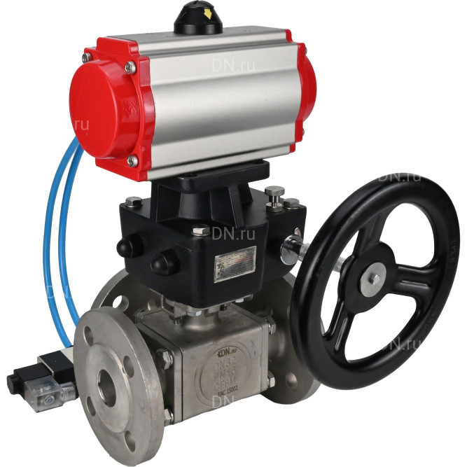 Кран шаровой BV3232P(4pc)-FP-3WL-F Ду15 Ру16 полнопроходной трехходовой, фланцевый, корпус - нержавеющая сталь SS316, с пневмоприводом PA-DA-052 двойного действия, пневмораспределителем 4V320-10 AC220V и ручным дублером MON1-250-T26-ISO в Алматы