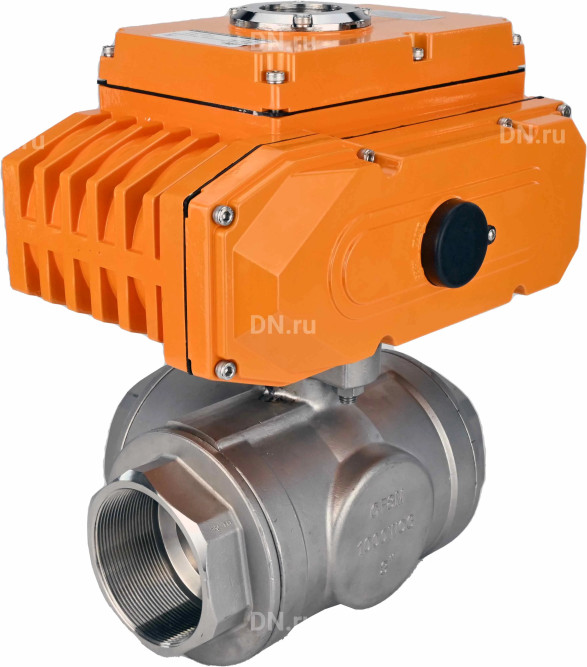 Кран шаровой BV3232P(4pc)-SP-3WT-T-ISO-H Ду40 Ру63 стандартнопроходной T-тип, трехходовой, нержавеющая сталь, внутренняя резьба, уплотнение - PTFE, с эл. приводом E34-N-005EM-O1-220VAC-У1 в Алматы