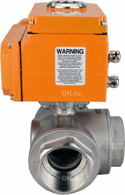 Кран шаровой BV3232P(4pc)-SP-3WT-T-ISO-H Ду40 Ру63 стандартнопроходной T-тип, трехходовой, нержавеющая сталь, внутренняя резьба, уплотнение - PTFE, с эл. приводом E34-N-005EM-O1-220VAC-У1 в Алматы