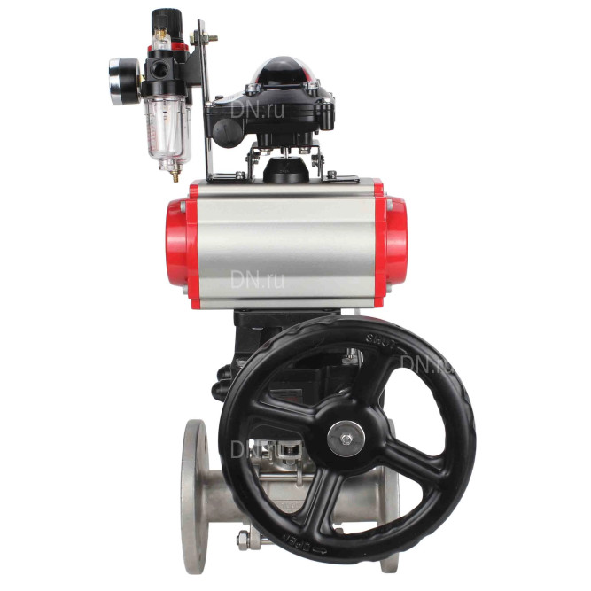 Кран шаровой BV3232P(3pc)-FP-F-ISO-H Ду25 Ру40, трехсоставной полнопроходной фланцевый, нержавеющая сталь SS316, PTFE, с пневмоприводом PA-DA-052, пн.распределителем 4M310-08 DC24V, БКВ APL-210N, ручным дублером MON1-250-T26-ISO, с БПВ AFC2000 в Алматы