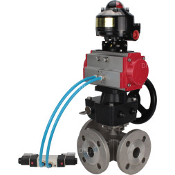 Кран шаровой BV3232P(4pc)-FP-3WL-F Ду100 Ру16 полнопроходной трехходовой, фланцевый, корпус - нержавеющая сталь SS316, с пневмоприводом PA-DA-105, пневмораспределителем 4V320-10 AC220V, БКВ APL-510N EX и ручным дублером MON3-700-T38-ISO