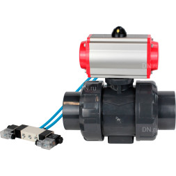 Кран шаровой BV4242E-FP-GRM-ISO Дн40 Ру10 полнопроходной, корпус - НПВХ, шар - НПВХ, уплотнение - EPDM, с пневмоприводом PA-DA-052 и пневмораспределителем 4V320-08 AC220V