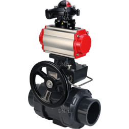 Кран шаровой BV4242E-FP-GRM-ISO Дн100 Ру10 полнопроходной, корпус - НПВХ, шар - НПВХ, уплотнение - EPDM, с пневмоприводом PA-DA-065, пневмораспределителем 4M310-08 AC220V, ручным дублером MON1-250-T26-ISO и БКВ APL-210N