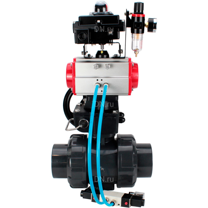 Кран шаровой BV4242E-FP-GRM-ISO Дн65 Ру10 полнопроходной, корпус - НПВХ, шар - НПВХ, уплотнение - EPDM, с пневмоприводом PA-DA-065, пневмораспределителем 4V320-08 AC220V, ручным дублером MON1-250-T26-ISO, БКВ APL-410N EX и БПВ AFC2000 в Алматы