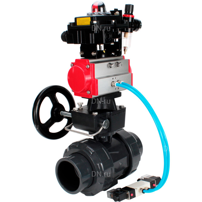 Кран шаровой BV4242E-FP-GRM-ISO Дн65 Ру10 полнопроходной, корпус - НПВХ, шар - НПВХ, уплотнение - EPDM, с пневмоприводом PA-DA-065, пневмораспределителем 4V320-08 AC220V, ручным дублером MON1-250-T26-ISO, БКВ APL-410N EX и БПВ AFC2000 в Алматы