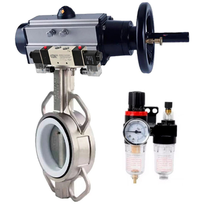 Затвор дисковый поворотный WBV3131P-2W-Fb-H Ду150 Ру16, корпус - нержавеющая сталь 304, диск - нержавеющая сталь 304, уплотнение - PTFE, с пневмоприводом PA-DA-105-1, пневмораспределителем 4M320-08 AC220V и БПВ AFC2000 в Алматы