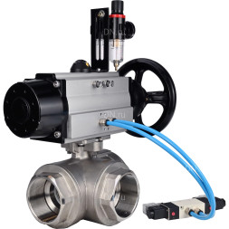 Кран шаровой BV3232P(4pc)-SP-3WL-T-ISO-H Ду80 Ру40, стандартнопроходной, четырехсоставной, корпус - нержавеющая сталь 316, уплотнение - PTFE, внутренняя резьба, с пневмоприводом PA-DA-105-1, пневмораспределителем 4V320-10 AC220V, БПВ AFC2000