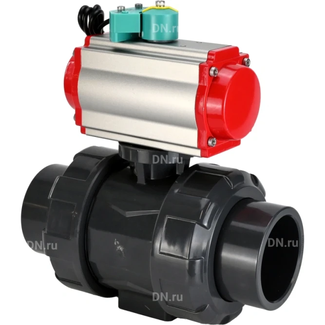 Кран шаровой BV4242E-FP-GRM-ISO Дн32 Ру10 полнопроходной, корпус - НПВХ, шар - НПВХ, уплотнение - EPDM, с пневмоприводом PA-DA-052, пневмораспределителем 4M310-08 DC24V и магнитным переключателем ALS200D в Алматы