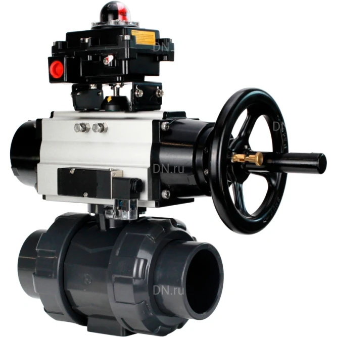 Кран шаровой BV4242E-FP-GRM-ISO Дн40 Ру10 полнопроходной, корпус - НПВХ, шар - НПВХ, уплотнение - EPDM, с пневмоприводом PA-DA-105-1, пневмораспределителем 4M310-08 AC220V и БКВ APL-410N EX в Алматы