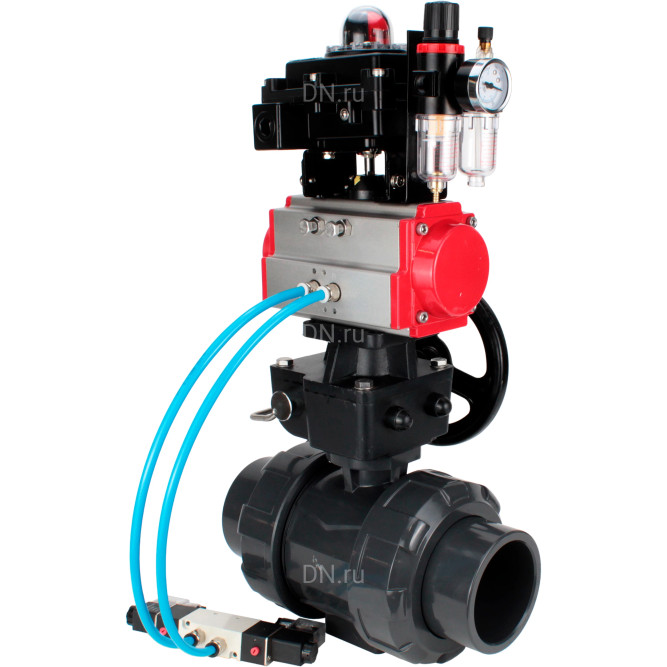 Кран шаровой BV4242E-FP-GRM-ISO Дн80 Ру10 полнопроходной, корпус - НПВХ, шар - НПВХ, уплотнение - EPDM, с пневмоприводом PA-DA-065, пневмораспределителем 4V320-08 AC220V, ручным дублером MON1-250-T26-ISO, БКВ APL-410N EX и БПВ AFC2000 в Алматы