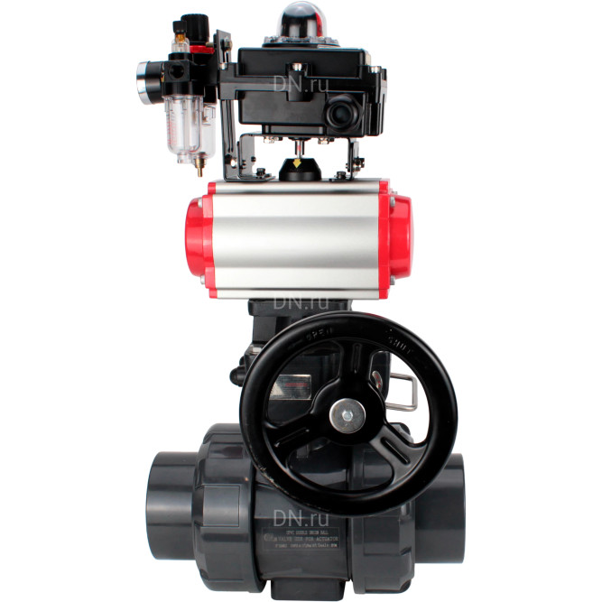 Кран шаровой BV4242E-FP-GRM-ISO Дн80 Ру10 полнопроходной, корпус - НПВХ, шар - НПВХ, уплотнение - EPDM, с пневмоприводом PA-DA-065, пневмораспределителем 4V320-08 AC220V, ручным дублером MON1-250-T26-ISO, БКВ APL-410N EX и БПВ AFC2000 в Алматы
