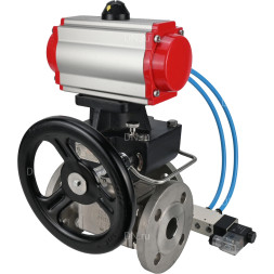 Кран шаровой BV3232P(4pc)-FP-3WL-F Ду65 Ру16 полнопроходной трехходовой, фланцевый, корпус - нержавеющая сталь SS316, с пневмоприводом PA-DA-083 двойного действия, пневмораспределителем 4V320-08 AC220V и ручным дублером MON2-450-T28-ISO