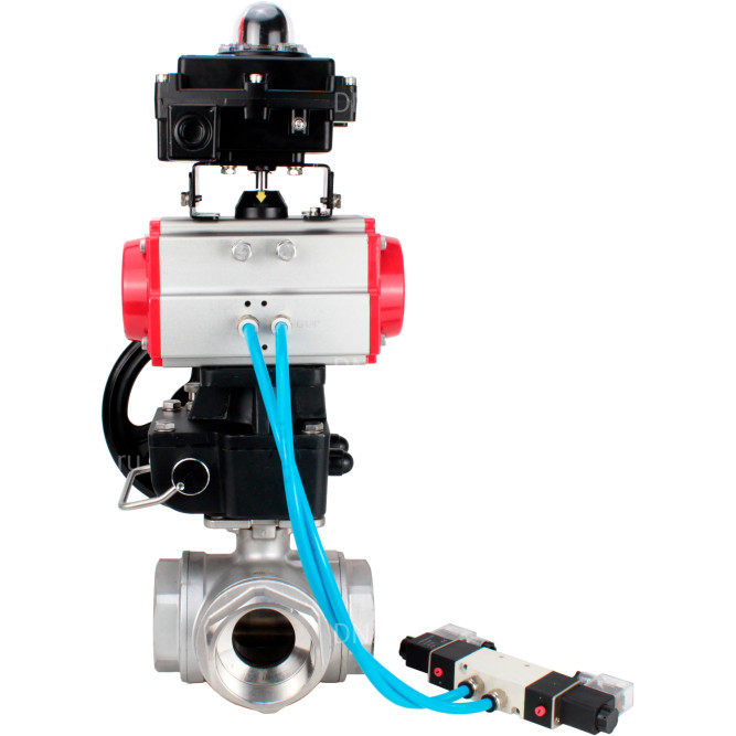 Кран шаровой BV3232P(4pc)-SP-3WL-T-ISO-H Ду32 Ру63, стандартнопроходной, нержавеющая сталь 316, PTFE, внутренняя резьба, с пневмоприводом PA-DA-052, пневмораспределителем 4V320-08 AC220V, БКВ APL-410N Ex, ручным дублером MON1-250-T26-ISO в Алматы