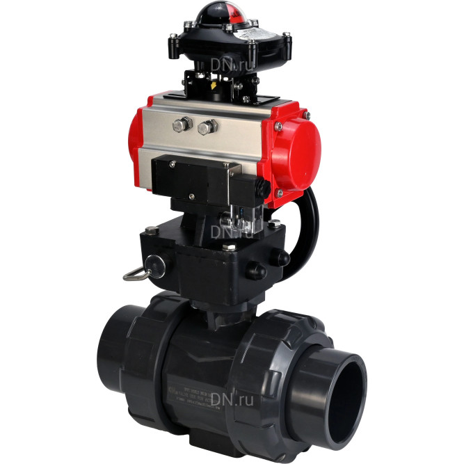 Кран шаровой BV4242E-FP-GRM-ISO Дн20 Ру10 полнопроходной, корпус - НПВХ, шар - НПВХ, уплотнение - EPDM, с пневмоприводом PA-DA-052, пневмораспределителем 4M310-08 DC24V, ручным дублером MON1-250-T26-ISO и БКВ APL-210N в Алматы