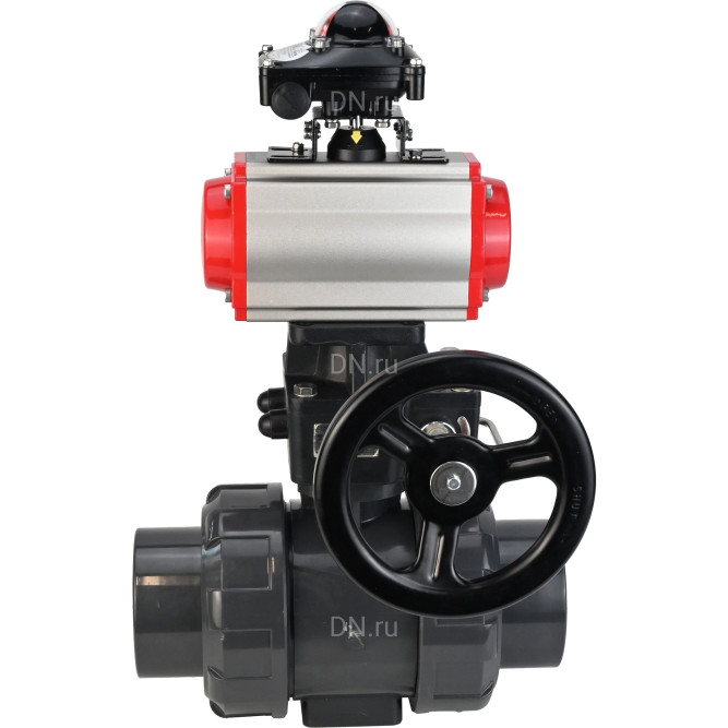 Кран шаровой BV4242E-FP-GRM-ISO Дн20 Ру10 полнопроходной, корпус - НПВХ, шар - НПВХ, уплотнение - EPDM, с пневмоприводом PA-DA-052, пневмораспределителем 4M310-08 DC24V, ручным дублером MON1-250-T26-ISO и БКВ APL-210N в Алматы