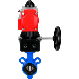Затвор дисковый поворотный WBV0232E-2W-Fb-ISO-H Ду25/32 Ру16, корпус - алюминиевый сплав, диск - нержавеющая сталь 316L, уплотнение - EPDM, с пневмоприводом PA-DA-065 двойного действия, ручным дублером MON1-250-T26-ISO