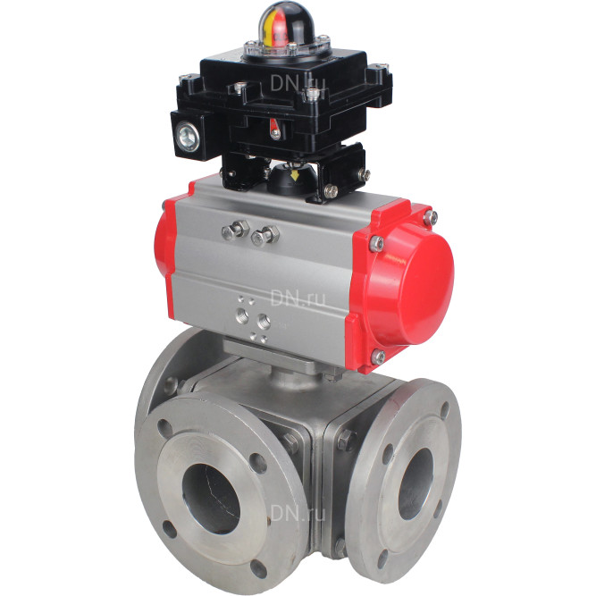 Кран шаровой BV3232P(4pc)-FP-3WL-F Ду20 Ру16 полнопроходной трехходовой, фланцевый, корпус - нержавеющая сталь SS316, с пневмоприводом PA-DA-052 двойного действия и БКВ APL-410N EX в Алматы