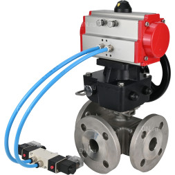 Кран шаровой BV3232P(4pc)-FP-3WL-F Ду65 Ру16 полнопроходной трехходовой, фланцевый, корпус - нержавеющая сталь SS316, с пневмоприводом PA-DA-083 двойного действия, пневмораспределителем 4V320-10 AC220V и ручным дублером MON2-450-T28-ISO