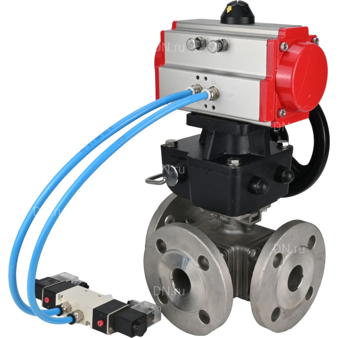Кран шаровой BV3232P(4pc)-FP-3WL-F Ду65 Ру16 полнопроходной трехходовой, фланцевый, корпус - нержавеющая сталь SS316, с пневмоприводом PA-DA-083 двойного действия, пневмораспределителем 4V320-10 AC220V и ручным дублером MON2-450-T28-ISO в Алматы