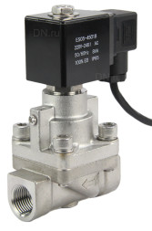 Клапан электромагнитный на высокое давление VS931-PT-NC-220VAC 3/4″ Ду20 Ру6-100 соленоидный двухходовой поршневой, корпус - нержавеющая сталь 304, уплотнение - PTFE, резьбовой, пилотного действия, нормально закрытый, катушка - 220В