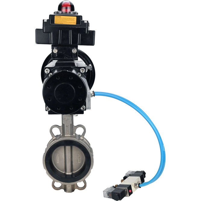 Затвор дисковый поворотный WBV3232N-2W-Fb-H Ду150 Ру16, корпус - нержавеющая сталь 316L, диск - нержавеющая сталь 316L, уплотнение - NBR, с пневмоприводом PA-DA-105-1 двойного действия, с пневмораспределителем 4V320-10 AC220V, с БКВ APL-410N EX в Алматы