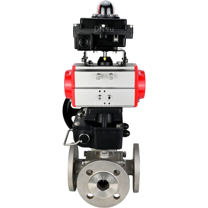 Кран шаровой BV3232P(4pc)-FP-3WL-F Ду20 Ру16 полнопроходной трехходовой, фланцевый, корпус - нержавеющая сталь SS316, с пневмоприводом PA-DA-052 двойного действия, БКВ APL-410N EX и ручным дублером MON1-250-T26-ISO в Алматы