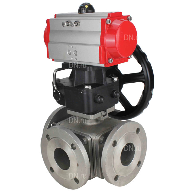 Кран шаровой BV3232P(4pc)-FP-3WL-F Ду65 Ру16 полнопроходной трехходовой, фланцевый, корпус - нержавеющая сталь SS316, с пневмоприводом PA-DA-083 двойного действия и ручным дублером MON2-450-T28-ISO в Алматы