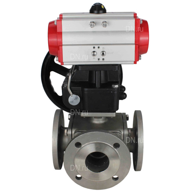 Кран шаровой BV3232P(4pc)-FP-3WL-F Ду65 Ру16 полнопроходной трехходовой, фланцевый, корпус - нержавеющая сталь SS316, с пневмоприводом PA-DA-083 двойного действия и ручным дублером MON2-450-T28-ISO в Алматы
