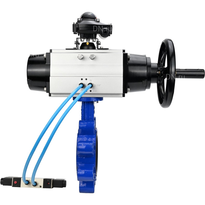 Затвор дисковый поворотный WBV1631E-2W-Fb-H Ду125 Ру16 LUG корпус - чугун QT450, диск - нержавеющая сталь 304, уплотнение - EPDM, с пневмоприводом PA-DA-105-1, пневмораспределителем 4V320-08 AC220V и БКВ APL-210N в Алматы