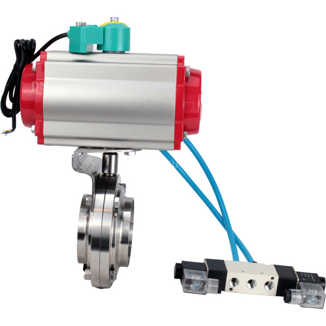 Затвор дисковый поворотный WBV3131S-2W-W-H Ду32 Ру10 под приварку, пищевая нержавеющая сталь 304, уплотнение - Silicon, с пневмоприводом PA-DA-052, пневмораспределителем 4V320-10 AC220V и магнитным переключателем ALS200D в Алматы