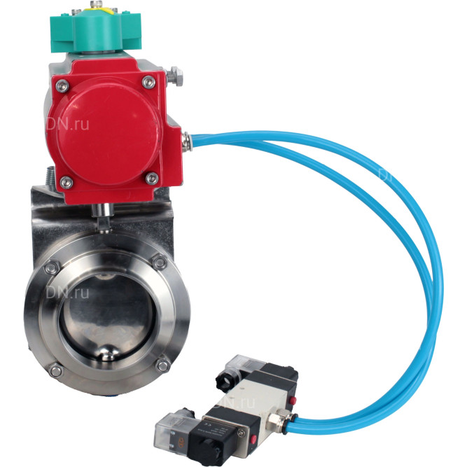 Затвор дисковый поворотный WBV3131S-2W-W-H Ду32 Ру10 под приварку, пищевая нержавеющая сталь 304, уплотнение - Silicon, с пневмоприводом PA-DA-052, пневмораспределителем 4V320-10 AC220V и магнитным переключателем ALS200D в Алматы