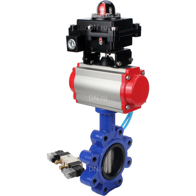 Затвор дисковый поворотный WBV1631N-2W-Fb-H Ду65 Ру16 LUG корпус - чугун QT450, диск - нержавеющая сталь 304, уплотнение - NBR, с пневмоприводом PA-DA-065, пневмораспределителем 4V320-10 AC220V и БКВ APL-410N EX в Алматы