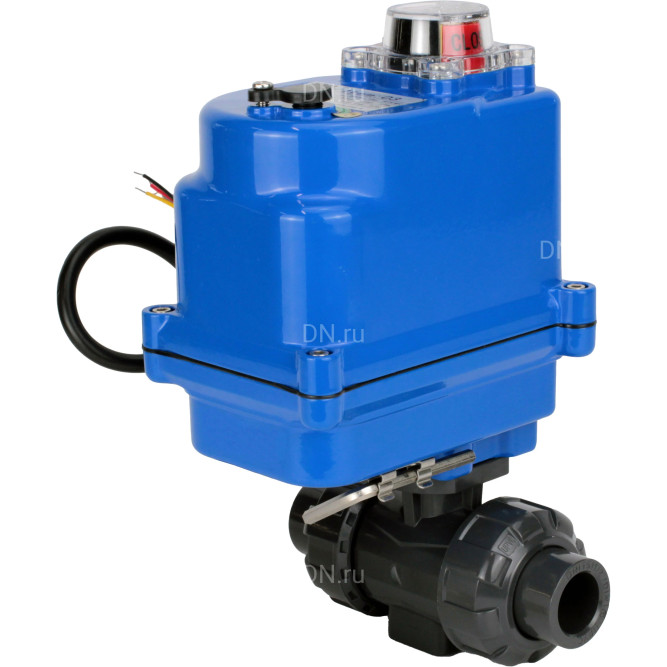 Кран шаровой BV4242E-FP-GRM-ISO Дн25 Ру10 полнопроходной, клеевой с разборным муфтовым соединением, корпус - НПВХ, шар - НПВХ, уплотнение - EPDM, с электроприводом QT-N-003EM-O1-12VDC-У1 blue в Алматы