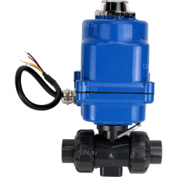 Кран шаровой BV4242E-FP-GRM-ISO Дн25 Ру10 полнопроходной, клеевой с разборным муфтовым соединением, корпус - НПВХ, шар - НПВХ, уплотнение - EPDM, с электроприводом QT-N-003EM-O1-12VDC-У1 blue