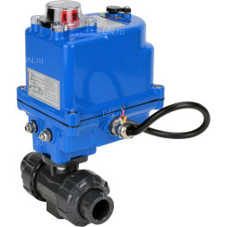 Кран шаровой BV4242E-FP-GRM-ISO Дн25 Ру10 полнопроходной, клеевой с разборным муфтовым соединением, корпус - НПВХ, шар - НПВХ, уплотнение - EPDM, с электроприводом QT-N-003EM-O1-12VDC-У1 blue