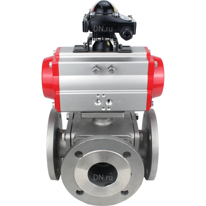 Кран шаровой BV3232P(4pc)-FP-3WL-F Ду65 Ру16 полнопроходной трехходовой, фланцевый, корпус - нержавеющая сталь SS316, с пневмоприводом PA-DA-083 двойного действия и БКВ APL-210N в Алматы
