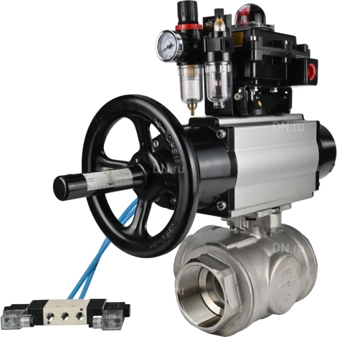 Кран шаровой BV3232P(4pc)-SP-3WL-T-ISO-H Ду80 Ру40, стандартнопроходной, четырехсоставной, нержавеющая сталь 316, PTFE, внутренняя резьба, с пневмоприводом PA-DA-105-1, пневмораспределителем 4V320-08 AC220V, БКВ APL-410N Ex, БПВ AFC2000 в Алматы