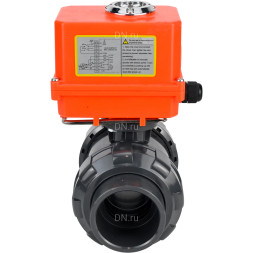 Кран шаровой BV4242E-FP-GRM-ISO Дн20 Ру10 полнопроходной, корпус - НПВХ, шар - НПВХ, уплотнение - EPDM, с электроприводом QT-N-003EM-O1-220VAC-У1 MINI