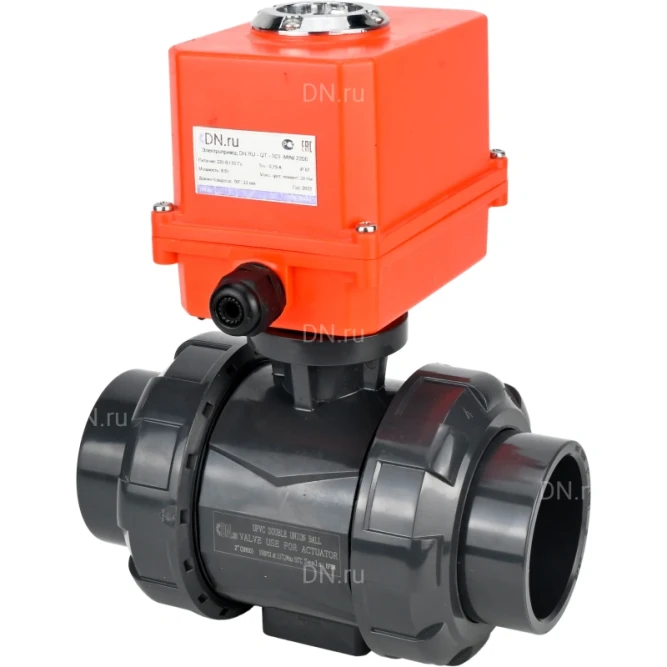 Кран шаровой BV4242E-FP-GRM-ISO Дн20 Ру10 полнопроходной, корпус - НПВХ, шар - НПВХ, уплотнение - EPDM, с электроприводом QT-N-003EM-O1-220VAC-У1 MINI в Алматы
