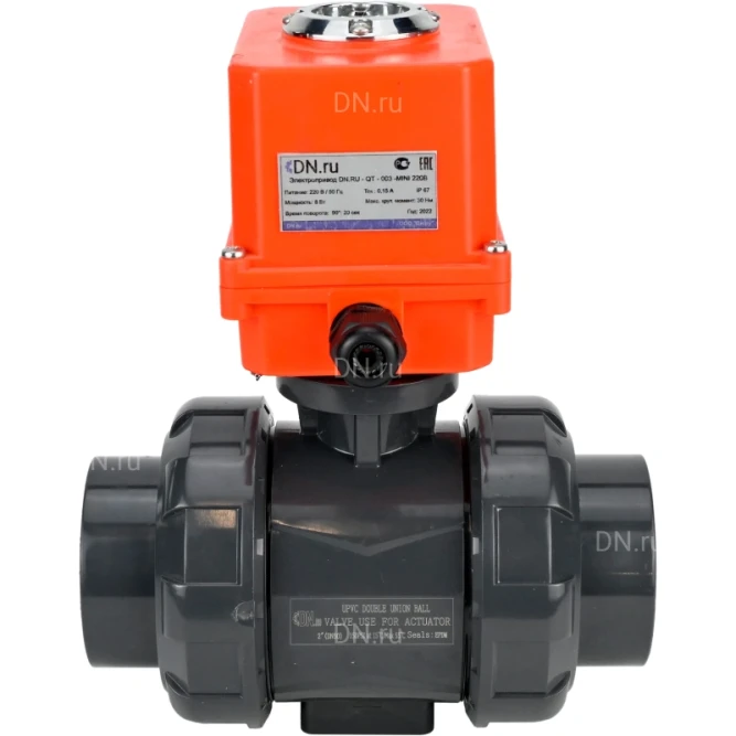 Кран шаровой BV4242E-FP-GRM-ISO Дн20 Ру10 полнопроходной, корпус - НПВХ, шар - НПВХ, уплотнение - EPDM, с электроприводом QT-N-003EM-O1-220VAC-У1 MINI в Алматы