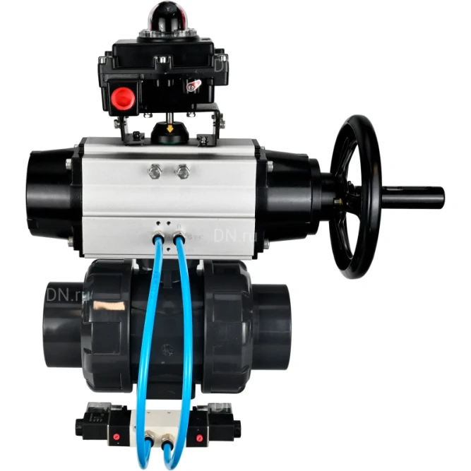 Кран шаровой BV4242E-FP-GRM-ISO Дн25 Ру10 полнопроходной, корпус - НПВХ, шар - НПВХ, уплотнение - EPDM, с пневмоприводом PA-DA-105-1, пневмораспределителем 4V320-10 AC220V и БКВ APL-410N EX в Алматы