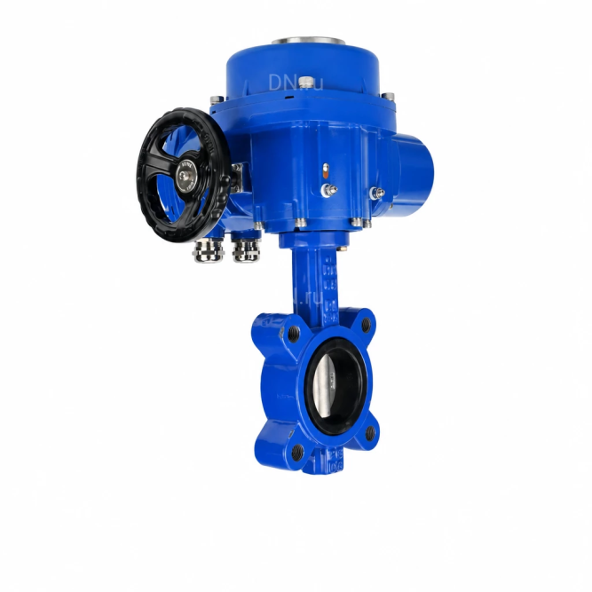 Затвор дисковый поворотный WBV1631E-2W-Fb-H Ду150 Ру16 LUG межфланцевый, корпус - чугун QT450, диск - нержавеющая сталь AISI 304, уплотнение - EPDM, с электроприводом QT-N-020M-O2-380VAC-У1 с моментной муфтой и штурвалом в Алматы