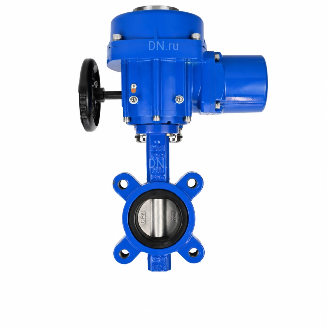 Затвор дисковый поворотный WBV1631E-2W-Fb-H Ду150 Ру16 LUG межфланцевый, корпус - чугун QT450, диск - нержавеющая сталь AISI 304, уплотнение - EPDM, с электроприводом QT-N-020M-O2-380VAC-У1 с моментной муфтой и штурвалом в Алматы