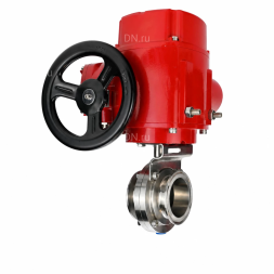 Затвор дисковый поворотный WBV3131S-2W-C-H Ду40 Ру10 кламповый, корпус - пищевая нержавеющая сталь 304, уплотнение - Silicon, с электроприводом QT-EX-005M-O2-380VAC-У1 с моментной муфтой и штурвалом