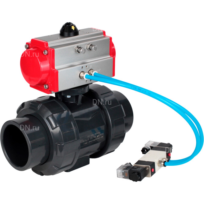Кран шаровой BV4242E-FP-GRM-ISO Дн20 Ру10 полнопроходной, корпус - НПВХ, шар - НПВХ, уплотнение - EPDM, с пневмоприводом PA-SA-052 и пневмораспределителем 4V320-08 AC220V в Алматы