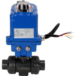 Кран шаровой BV4242E-FP-GRM-ISO Дн40 Ру10 полнопроходной, клеевой с разборным муфтовым соединением, корпус - НПВХ, шар - НПВХ, уплотнение - EPDM, с электроприводом QT-N-003EM-O1-12VDC-У1 blue