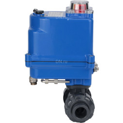 Кран шаровой BV4242E-FP-GRM-ISO Дн40 Ру10 полнопроходной, клеевой с разборным муфтовым соединением, корпус - НПВХ, шар - НПВХ, уплотнение - EPDM, с электроприводом QT-N-003EM-O1-12VDC-У1 blue